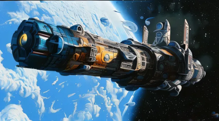 spaceship flying over a planet with a blue sky and a few small stars, an epic space ship scene, homeworld, cargo spaceships, space opera and dystopian style, scifi space station, big train in space, space sci - fi, borne space library artwork, orbiting spa...