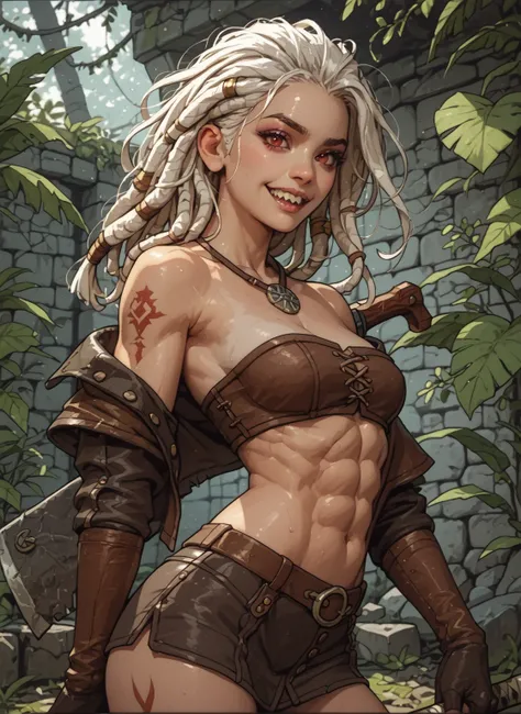Slender body. White skin. Cute 18-year-old Asian girl with Asian red eyes and sharp teeth and dreadlocks with white highlights. She has a cute and beautiful face. She has a round and young face with a pointy chin. Her body is athletic with abs. She wears m...