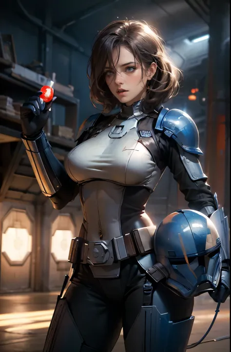 star wars world ,sexy girl who is torn , don't wear a helmet ,holding helmet in right hand, ,Vesker Armor ,Slimming, slender,I can see faces,