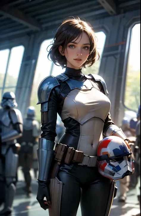 star wars world ,sexy girl who is torn , don't wear a helmet ,holding helmet in right hand, ,Vesker Armor ,Slimming, slender,I can see faces,