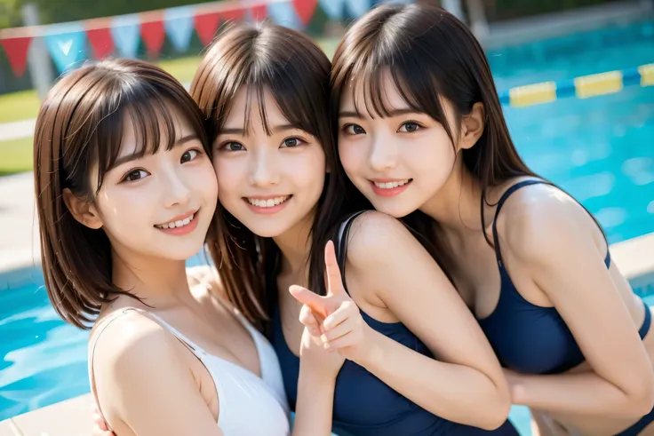 4 high school girls 、school pool、school swimsuit、 random bust size、smile、They are hugging each other happily、peace sign