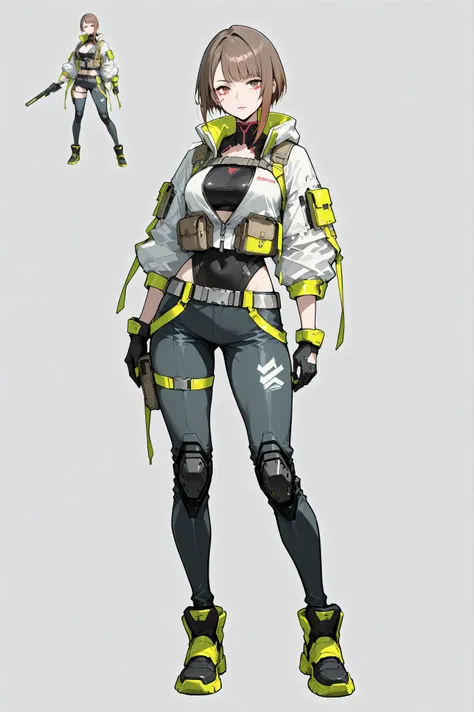 A beautiful adult girl with short brown hair with a high cut, wearing cyberpunk style techwear outfit, solid gray background color, full body, concept art, character design