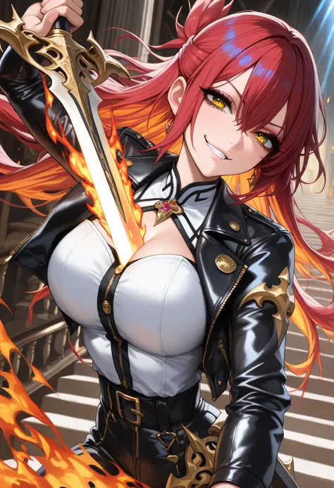 1 girl , golden eyes , very long hair , long sidelocks, red hair ,half updo, petite , very cute , beautiful ,Straight hair, cool, handsome, hair between eyes, sexy, medium breasts , ((fantasy, monastry)),((fire, fire light)),((holding sword, sword, strikin...