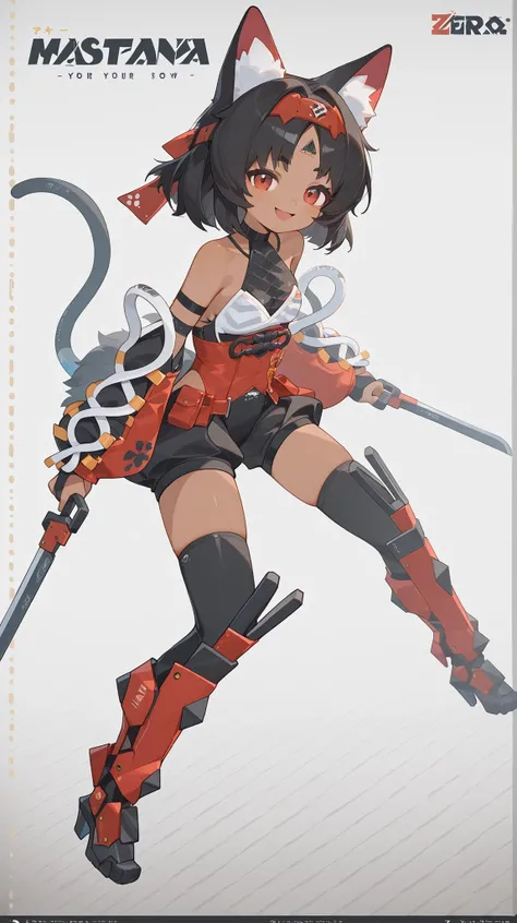 Matana Katomiya(Zenless Zone Zero) brown skin small short black hair center part hair with two swords red headband show your forehead mechanical boots perplexing smile