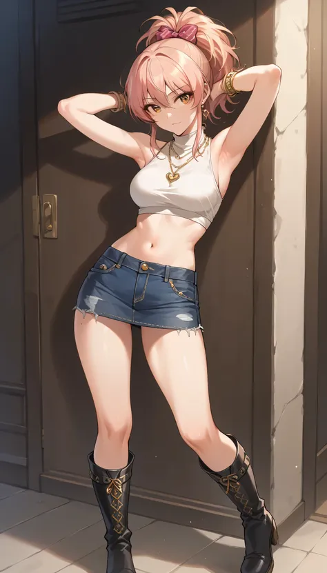 An image of Mika Jougasaki, ponytail hair, wearing a turtleneck blouse,  showing her navel , denim short skirt,  long black boots , gold bracelets,  , hunkered down sensually in a room , armpits , necklace back view 