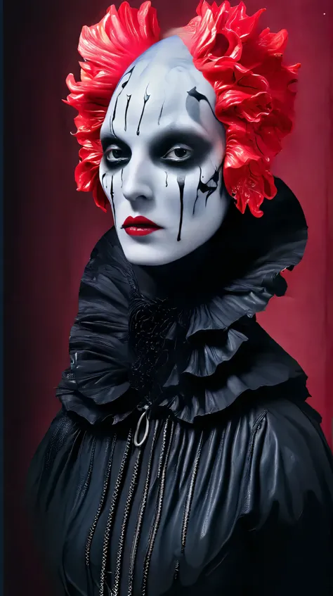 Tim Walker inspired, photography, trendy close up, leather fetish extreme sinister, whimsical settings, surreal elements, creative storytelling, vibrant colors, (detailed face:1.05), hyperrealistic, Photorealistic. Gothic