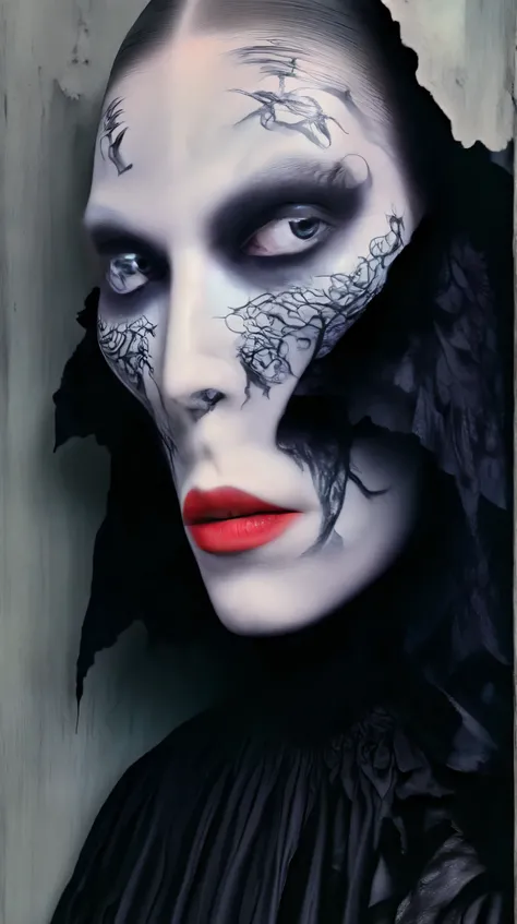 Tim Walker inspired, photography, trendy close up, leather fetish extreme sinister, whimsical settings, surreal elements, creative storytelling, vibrant colors, (detailed face:1.05), hyperrealistic, Photorealistic. Gothic