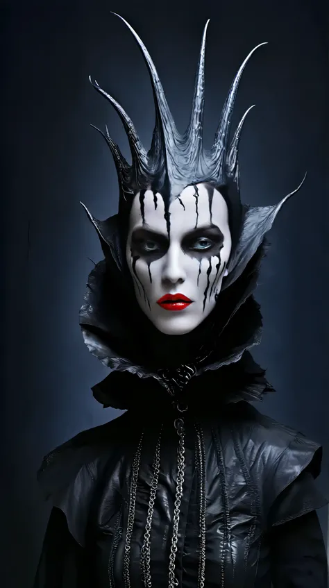 Tim Walker inspired, photography, trendy close up, leather fetish extreme sinister, whimsical settings, surreal elements, creative storytelling, vibrant colors, (detailed face:1.05), hyperrealistic, Photorealistic. Gothic