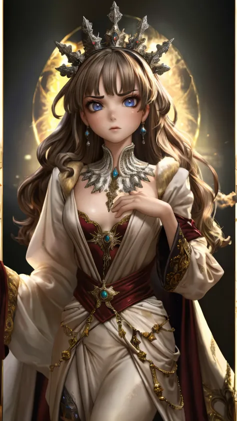 A girl with long golden hair, choppy bangs, Nordic heritage, a petite figure, delicate facial features, pale skin, porcelain skin, an innocent yet determined gaze, she wears an exquisite headband, dressed in a fantasy-style Slavic royal dress, a fur shawl ...