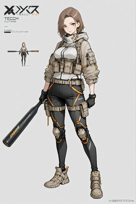 A beautiful brown-haired adult girl, wearing a futuristic-style techwear outfit, solid gray background color, full body, concept art, character design, wielding a long combat bat