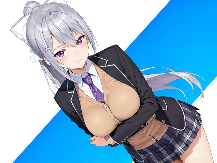 solo,masterpiece,best quality, amazing quality, highres, absurdres, very aesthetic, high resolution, ultra detailed, perfect details,nijikaede,purple eye,grey hair,long eyelashes,long hair,ponytail,white bow,hair pin,nijikaedecos,white shirt,purple necktie...