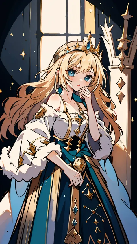A girl with long golden hair, choppy bangs, Nordic heritage, a petite figure, delicate facial features, pale skin, porcelain skin, an innocent yet determined gaze, she wears an exquisite headband, dressed in a fantasy-style Slavic royal dress, a fur shawl ...