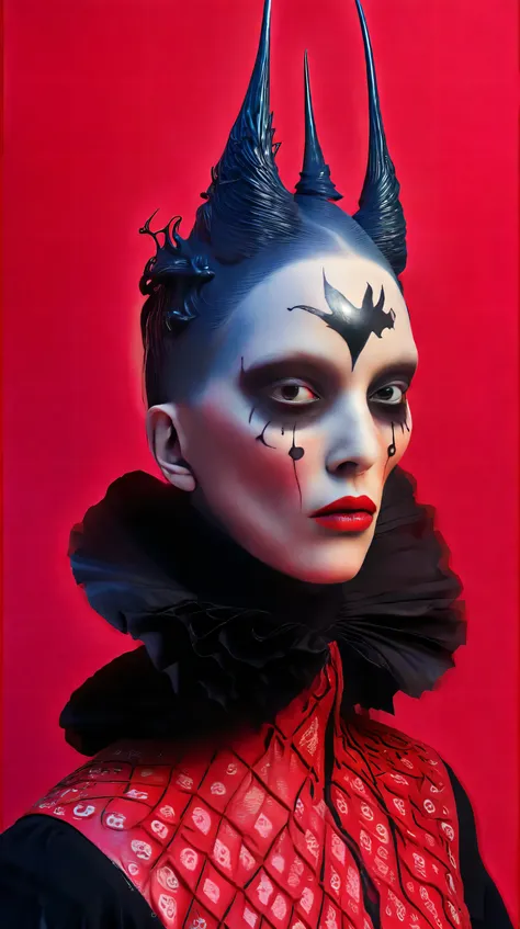 Tim Walker inspired, photography, trendy close up, Ultra-red background, leather fetish extreme sinister, whimsical settings, surreal elements, creative storytelling, vibrant colors, (detailed face:1.05), hyperrealistic, Photorealistic. Gothic
