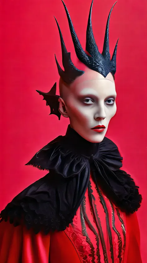 Tim Walker inspired, photography, trendy close up, Ultra-red background, leather fetish extreme sinister, whimsical settings, surreal elements, creative storytelling, vibrant colors, (detailed face:1.05), hyperrealistic, Photorealistic. Gothic