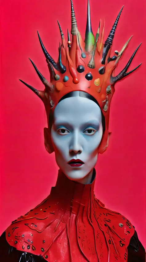 Tim Walker inspired, photography, trendy close up, Ultra-red background, leather fetish extreme sinister, whimsical settings, surreal elements, creative storytelling, vibrant colors, (detailed face:1.05), hyperrealistic, Photorealistic. Gothic