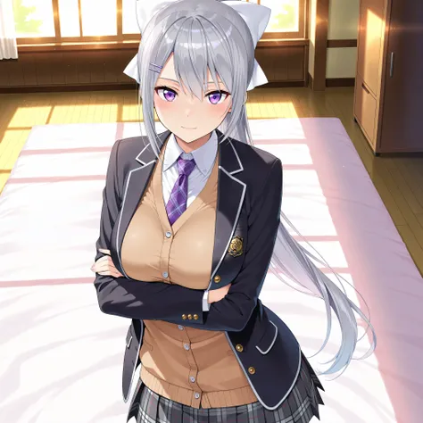 solo,masterpiece,best quality, amazing quality, highres, absurdres, very aesthetic, high resolution, ultra detailed, perfect details,nijikaede,purple eye,grey hair,long eyelashes,long hair,ponytail,white bow,hair pin,nijikaedecos,white shirt,purple necktie...