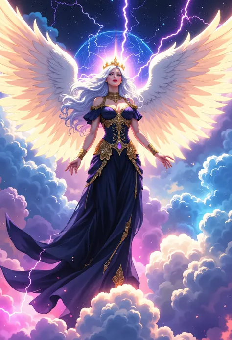 n epic comic art painting, watercolor masterpiece art a queen from heaven, a female queen angel wearing gold crown, wearing black sexy dress, (white stockings: 1.3), high heels boots, bright skin, best details beautiful face ,dynamic hair color, busty, sma...