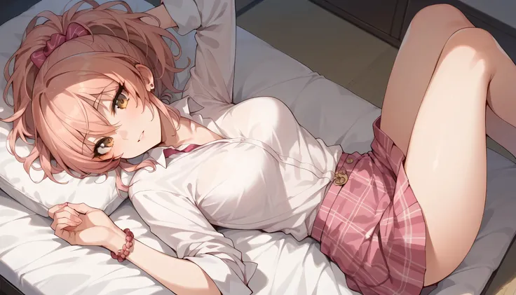 An image of Mika Jougasaki, ponytail hair, with a white blouse and short pink plaid skirt , Lying sensually in a room, focus from above 