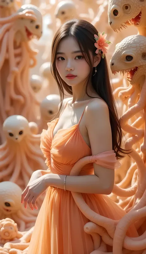 A woman dissolves into a rain of apricot petals, each petal transforms into a clone of herself with icy fangs. Thousands of identical figures stand in a fractal garden, smiling with hollow eyes. Cosmic horror, dreamlike disintegration, art by Audrey Kawasa...