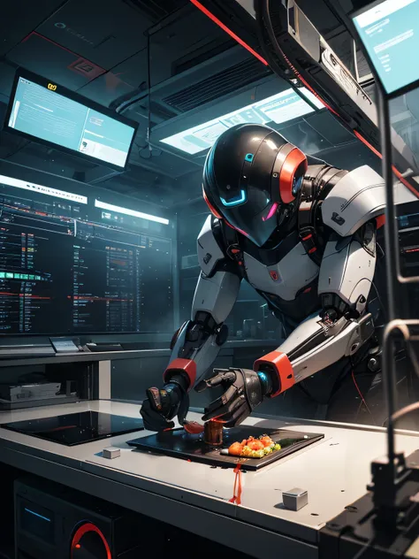 A cyberpunk-style futuristic kitchen with holographic recipe interfaces  and stainless steel modular workstations, where a humanoid chef robot equipped with multi-functional tool arms (laser slicer, magnetic gripper, flamethrower wok) prepares molecular ga...