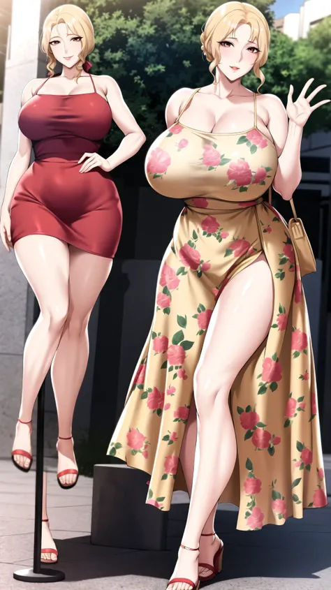 A mature beautiful woman with blond hair, extremely fair white natural skin, big pink eyes, red plump glossy lips, a small waist, medium-sized breasts, and a perfect slim yet curvy body. She's only wearing a long ankle-length deep-yellow dress with spaghet...