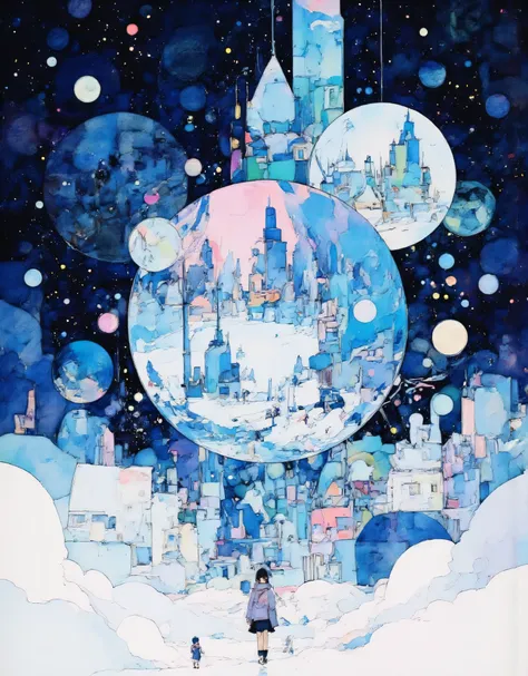 (Very Beautiful and Exquisite Watercolor Painting:1.5),Beautiful Nature, Extremely Exquisite Spherical Glasswork、Winter Is Filled in Glass、in their 40s ,Outer space background、Starry Background、quality\(8k,非常に精細なCGユニットのwallpaper, masterpiece,high definitio...