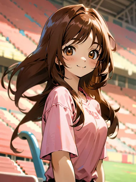 one girl、Anime Paintings、brown hair、long hair、brown eyes、bright color、pink shirt、happy smile、upper body close-up、stadium stand seat background