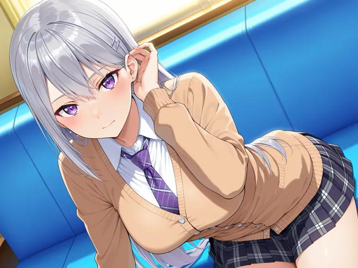 solo,masterpiece,best quality, amazing quality, highres, absurdres, very aesthetic, high resolution, ultra detailed, perfect details,nijikaede,purple eye,grey hair,long eyelashes,long hair,hair pin,nijikaedecos,white shirt,purple necktie,plaid necktie,brow...