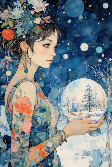 (Very Beautiful and Exquisite Watercolor Painting:1.5),Beautiful Nature, Extremely Exquisite Spherical Glasswork、Winter Is Filled in Glass、Profile of a girl holding glass work in her hand and looking at it、in their 40s ,Outer space background、Starry Backgr...