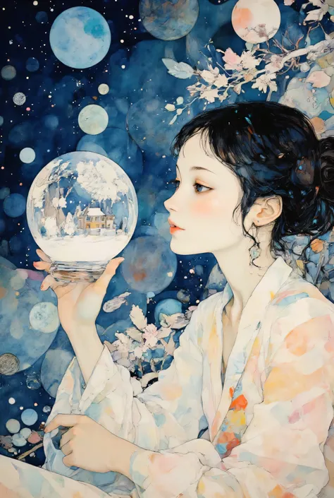 (Very Beautiful and Exquisite Watercolor Painting:1.5),Beautiful Nature, Extremely Exquisite Spherical Glasswork、Winter Is Filled in Glass、Profile of a girl holding glass work in her hand and looking at it、in their 40s ,Outer space background、Starry Backgr...