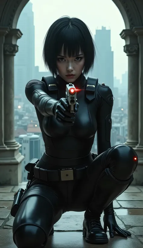 (masterpiece,Exceptional Quality,Mirror-like,cinematic experience,insanely detailed,absaudress),8k,wallpaper,,(best illustrations:2.0),(One person girl:2.0),(Motoko Kusanagi:2.0),(Ghost in the Shell world view:2.0),(Please point the red laser pointer on the green tactical bodysuit:2.0),( heavy black bulletproof vest :2.0),(black gloves:2.0),(short bob in a medieval castle:2.0),(beautiful eyes on my stomach),(detailed face),(Detailed female hand drawing:2.0),(sexy:2.0),(He gets down on his knee 、The handgun is pointing at me .:2.0),(Raise your right knee:2.0),( The background is Tokyo, where science and technology developed.:2.0),(Drawing in monochrome:2.0),(sf:2.0),(handgun with a laser pointer under the muzzle:2.0),(handgun at me:2.0)