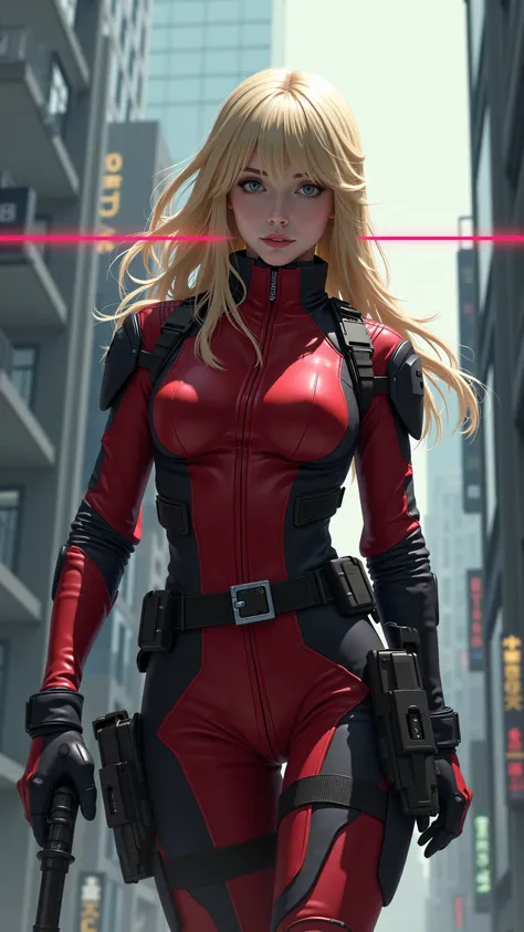 (masterpiece、  exceptional quality  、 Like a mirror 、  cinematic experience  、 insanely detailed、 No sword)、8k、wallpaper、 (BEST ILLUSTRATION:2.0)、 (one girl:2.0)(  Ghost in the Shell worldview:2.0)、 Gunfight、 (Point the red laser pointer at the white tactical bodysuit:2.0)、 (heavy red bulletproof vest:2.0)、 (black gloves:2.0)、 (LONG BLONDE HAIR:2.0)、 (Face Details )、 (Female Hand Drawn Detail:2.0)、 (M-16 Facing:2.0)、 (The background is Tokyo with science and technology)Phenomenon :2.0)、 M-16 Shoot While Falling from an Assault Rifle Building、(Something with a laser pointer attached under the muzzle of an M-16 Assault Rifle:2.0)、(M-16 Assault Rifle Shooting:2.0)full body highdefinition picture。