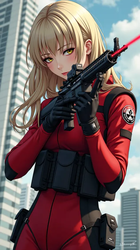 (masterpiece、  exceptional quality  、 Like a mirror 、  cinematic experience  、 insanely detailed、 No sword)、8k、wallpaper、 (BEST ILLUSTRATION:2.0)、 (one girl:2.0)(  Ghost in the Shell worldview:2.0)、 Gunfight、 (Point the red laser pointer at the white tactical bodysuit:2.0)、 (heavy red bulletproof vest:2.0)、 (black gloves:2.0)、 (LONG BLONDE HAIR:2.0)、 (Face Details )、 (Female Hand Drawn Detail:2.0)、 (M-16 Facing:2.0)、 (The background is Tokyo with science and technology)Phenomenon :2.0)、 M-16 Shoot While Falling from an Assault Rifle Building、(Something with a laser pointer attached under the muzzle of an M-16 Assault Rifle:2.0)、(M-16 Assault Rifle Shooting:2.0)full body highdefinition picture。