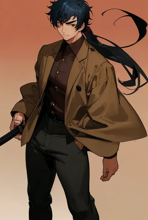 brown jacket、Modern People 、Black Pants、Red Shirt、 neutral face 、big body、Gaito、
black hair，Good Young People、  iris、 On your left、Standing Picture, 1 person、anime、holds a longsword、 bright face、
solo、Iron Wall Background、Big man、solo、
  Detailed face、Dark...