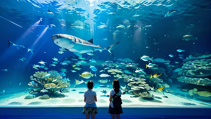 is big, dimly illuminated aquarium, While the light dances in the water , In a huge fish tank、watching fascinating fish swim in groups . soft blue surface , (Majestic rays , giant shark, and、large colorful tropical fish are swimming in the tank:1.5), shini...