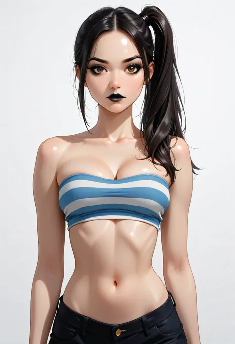(perfect face, perfect body), (black hair, long side ponytail), black thin eyebrows, dark brown eyes, (black eyelashes, black eyeliners, blue eyeshadows), nose, normal lips, black lips, collarbone, cleavage, (medium breasts, perfect breasts), striped tube ...