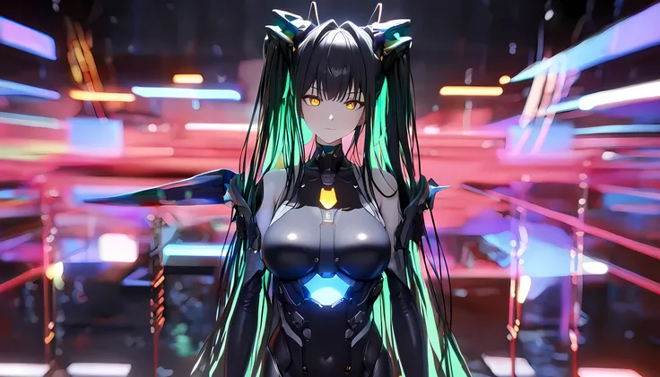 masterpiece,best quality,amazing quality, absurdres, source_anime, BREAK 1girl, solo, shilittlemermaid, long hair, black hair, yellow eyes, twintails, multicolored hair, hair intakes, headgear, bare shoulders, large breasts, black gloves, detached sleeves,...