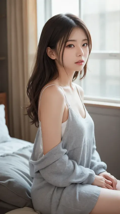 The young woman is wearing a stuffed animal, reminds me of a gray armchair. She wears casual clothes consisting of a room. 彼女は日光but入る暗いTシャツとデニムのショートパンツ. Her hair is shoulder-length and has a simple style. room is brightly lit, with soft lighting and neutra...