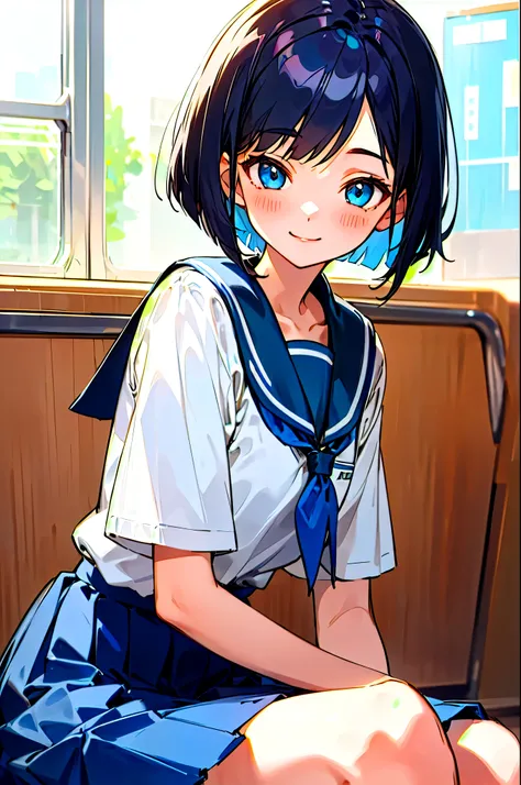 1 girl 、shiny black hair、short bob、has a gentle and gentle expression、Delicate Portrait、school uniform、sit、cowboy shot、smile、blue skirt、interior