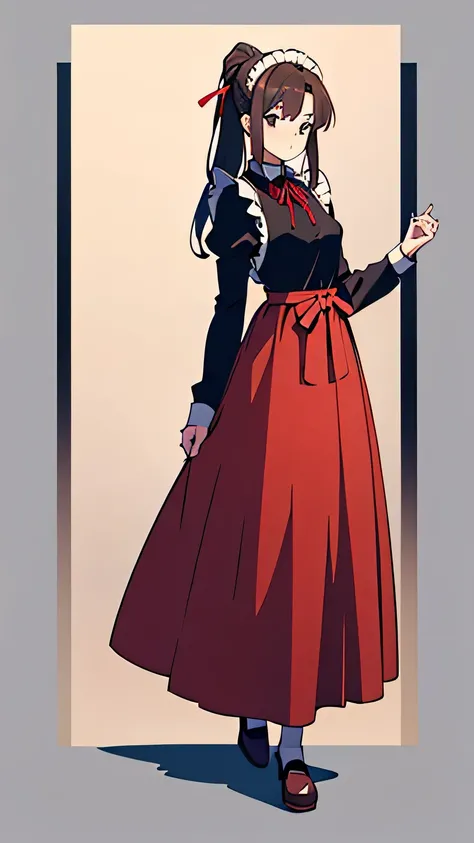 Anime, maid, long brown hair, super long skirt, trapezoid long apron, 20 years old, black abdomen, tall, ponytail, full body, hair tied with a red ribbon, red ribbon on chest, skirt with red belt design, white chest