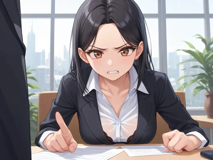NSFW, masterpiece, 1 girl, Medium sized breasts, Black Bra, PC, The background is the office, company employee, White shirt, Black Suit, Long Black Hair, parted bangs, she is standing, Brown eyes, The viewers are angry with her, BREAK ,score_9, score_...