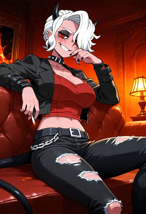 Zdrada from Helltaker, sitting lazily on a demonically decorated couch with a cigarette in hand, smirking with rebellious attitude, wearing her punk-style black jacket, crop top, torn jeans, and spiked choker, hell-themed living room with red and black ton...