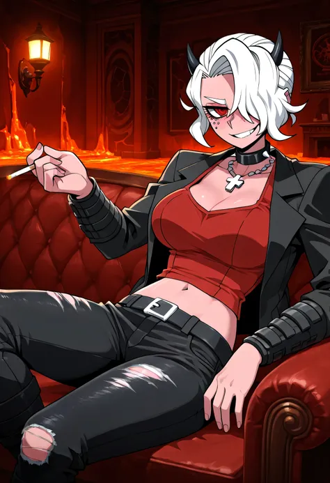 Zdrada from Helltaker, sitting lazily on a demonically decorated couch with a cigarette in hand, smirking with rebellious attitude, wearing her punk-style black jacket, crop top, torn jeans, and spiked choker, hell-themed living room with red and black ton...