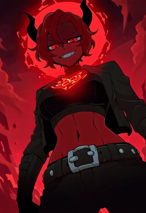 Zdrada from Helltaker standing confidently in front of a glowing red demon portal, infernal runes and smoke surrounding her, silhouette backlit by magical energy, her punk demon look with open jacket, crop top, and studded belt, smirking devilishly, moody ...
