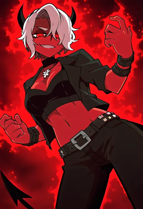 Zdrada from Helltaker standing confidently in front of a glowing red demon portal, infernal runes and smoke surrounding her, silhouette backlit by magical energy, her punk demon look with open jacket, crop top, and studded belt, smirking devilishly, moody ...