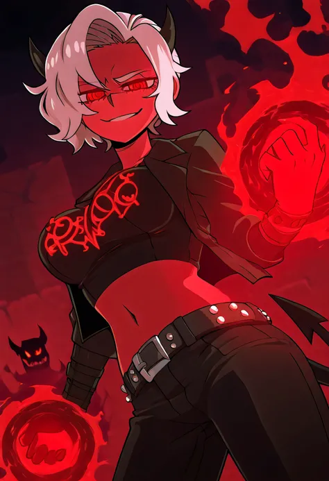 Zdrada from Helltaker standing confidently in front of a glowing red demon portal, infernal runes and smoke surrounding her, silhouette backlit by magical energy, her punk demon look with open jacket, crop top, and studded belt, smirking devilishly, moody ...