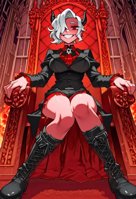 Zdrada from Helltaker lounging on a demon throne, legs hanging lazily over the side, mocking grin, hellish gothic architecture with stained glass of demonic symbols, her punk-styled outfit with ripped details and boots, red velvet throne, fire-lit ambiance...