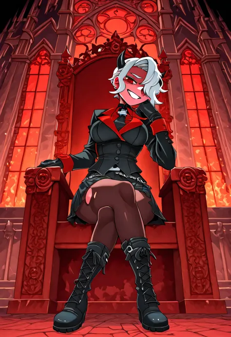 Zdrada from Helltaker lounging on a demon throne, legs hanging lazily over the side, mocking grin, hellish gothic architecture with stained glass of demonic symbols, her punk-styled outfit with ripped details and boots, red velvet throne, fire-lit ambiance...