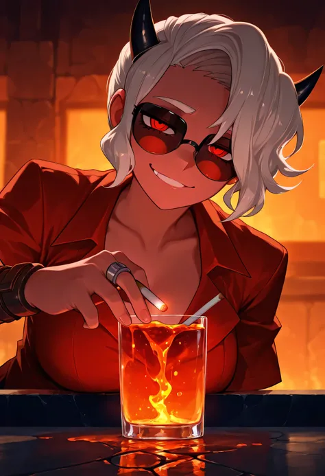 Zdrada from Helltaker, 3/4 body medium close-up, clear smug expression, red eyes glowing faintly, cigarette between fingers, leaning against a lava-lit bar counter, glowing red neon signs behind her, ambient orange lighting, Hellhound-themed cocktail glass...
