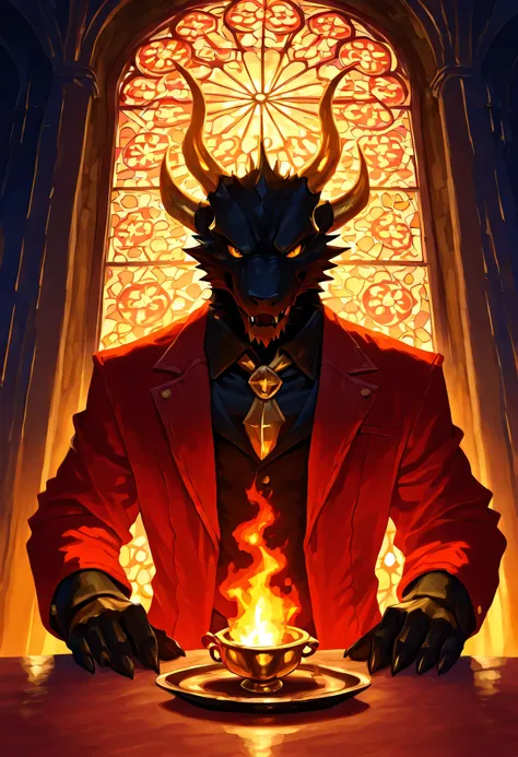 Zdrada in a confident pose near the head of an obsidian banquet table, chandeliers burning with blue hellfire above, golden demon cutlery set neatly, velvet chairs, massive stained-glass windows showing infernal landscapes, dramatic lighting illuminating h...